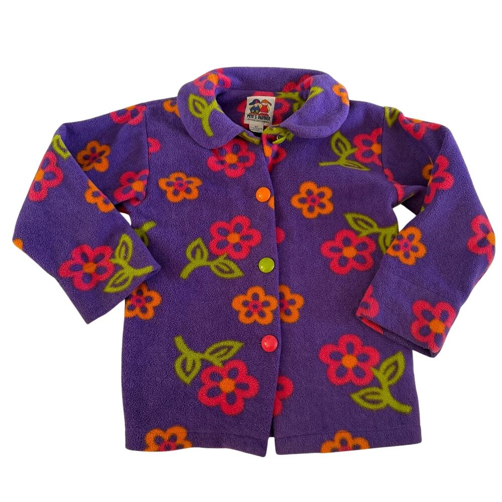 Vtg Y2K 2000s Purple Floral Fleece Coat Kid's 6X Bright